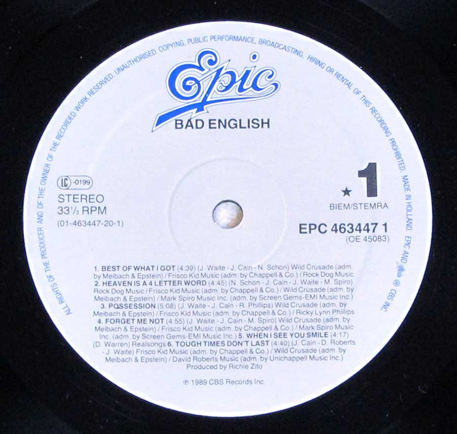 Close up of Side One record's label BAD ENGLISH - Self-Titled Debut Album 12" LP Vinyl Album
