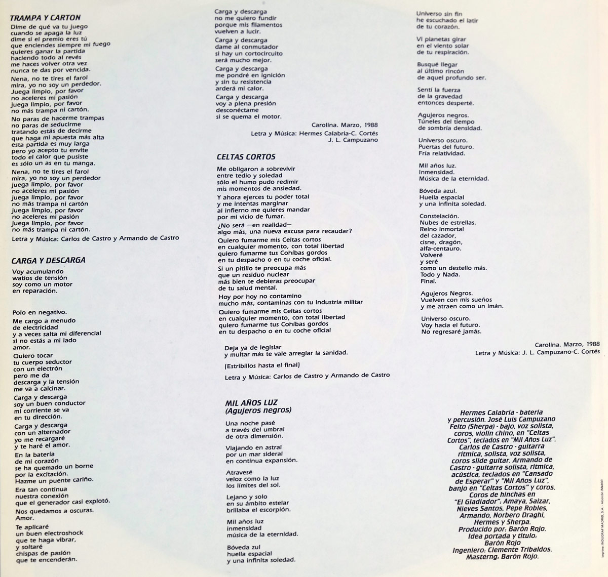 Inner Sleeve   of "BARON ROJO - No Va Mas" Album