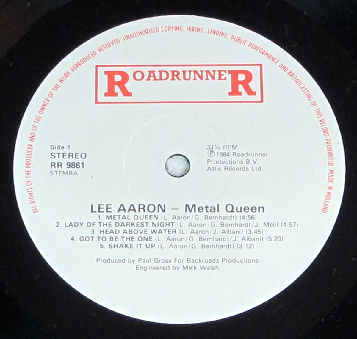 Enlarged High Resolution Photo of the Record's label LEE AARON - Metal Queen https://vinyl-records.nl