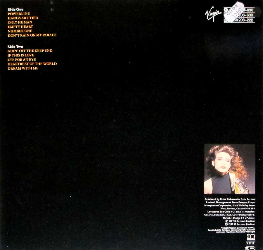Photo of album back cover LEE AARON - Self-Titled 1987 12" LP Vinyl Album