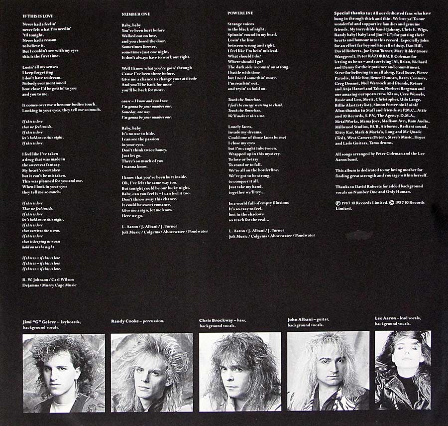 Photo One Of The Original Custom Inner Sleeve LEE AARON - Self-Titled 1987 12" LP Vinyl Album 
