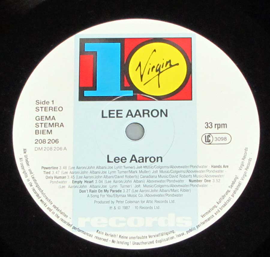 Close up of record's label LEE AARON - Self-Titled 1987 12" LP Vinyl Album Side One