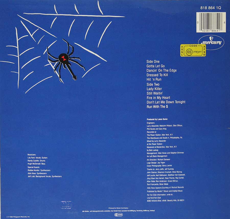 LITA FORD - Dancin' On The Edge German Release Mercury 12" Vinyl LP Album back cover