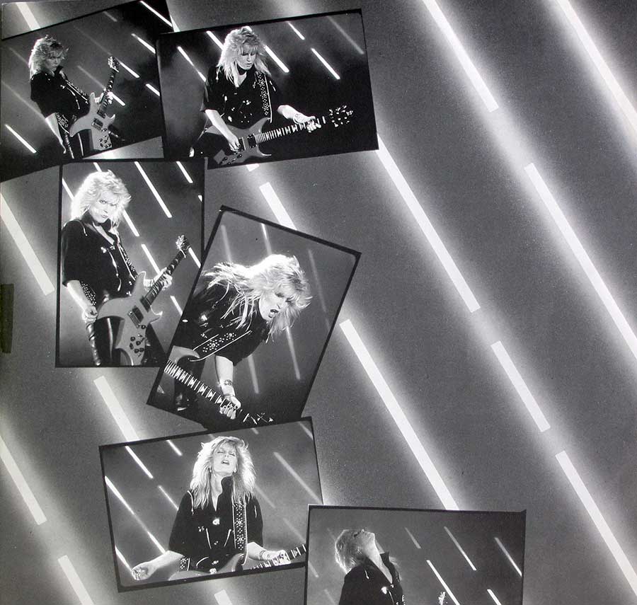 Six photos of Lita Ford playing the guitar on the original custom inner sleever 