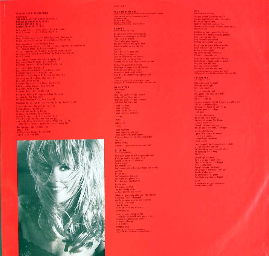 Photo of Lita Ford and lyrics of Stiletto printed on the red custom inner sleeve