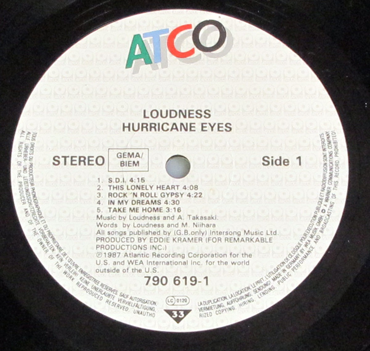 High resolution image of the Loudness Hurricane Eyes album back cover. The design features a large band portrait showing all four members with voluminous 1980s hairstyles and dramatic clothing in black, silver, and patterned textures. Additional individual photos of each musician are arranged diagonally across the top right with red nameplates identifying Minoru Niihara on vocals, Akira Takasaki on guitar, Masayoshi Yamashita on bass, and Munetaka Higuchi on drums. The bottom half of the cover contains detailed production credits, recording studio information, acknowledgements, and track listings for Side 1 and Side 2. The background is a mix of red splattered textures and dark tones, giving a raw and energetic visual style consistent with the heavy metal theme.