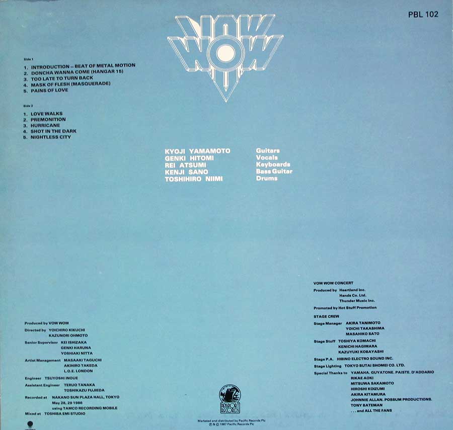 VOW WOW -Live Orig UK Passport Records 12" LP VINYL ALBUM
 back cover