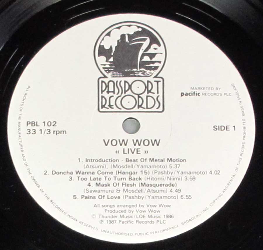 "VOW WOW Live" Record Label Details: Passport Records PBL 102 , marketed by Pacific Records PLC, © 