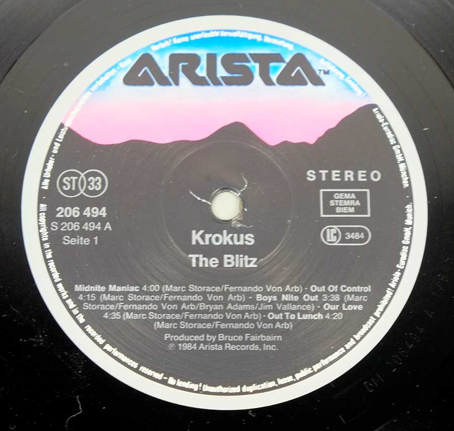 "The Blitz" Record Label Details: ARISTA 206 494 ℗ 1984 Arista Recods Sound Copyright 