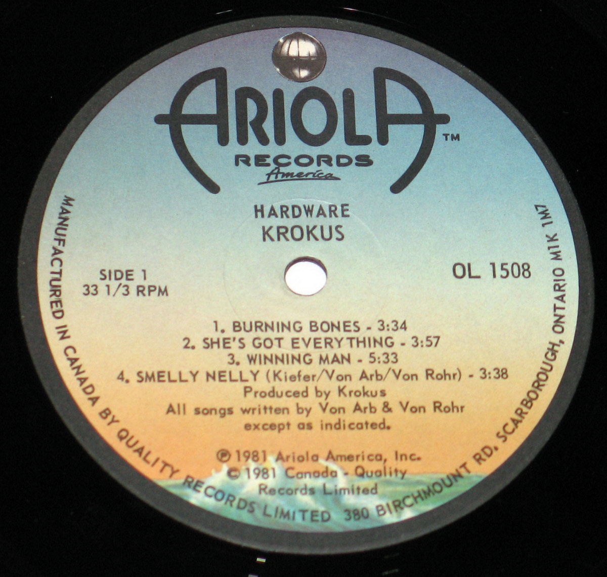 Close up of the KROKUS - Hardware Ariola Canada record's label 