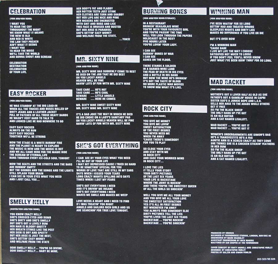 Lyrics of all the songs on Hardware by Krokus printed on the black and white custom inner sleeve 