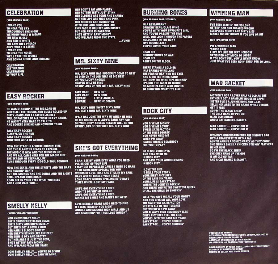 Lyrics of all the songs on Hardware printed on the original custom inner sleeve 
