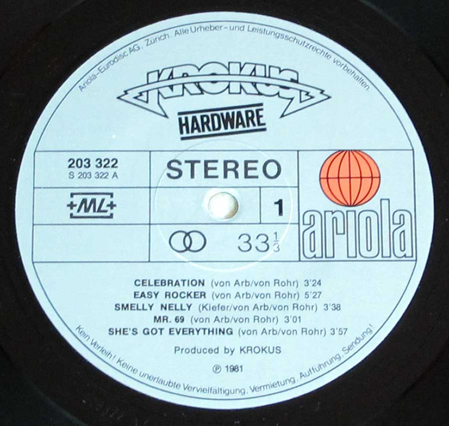 "Hardware " Light Blue Colour Ariola Record Label Details: Ariola 203 322 +ML+ ℗ 1981 Sound Copyright 