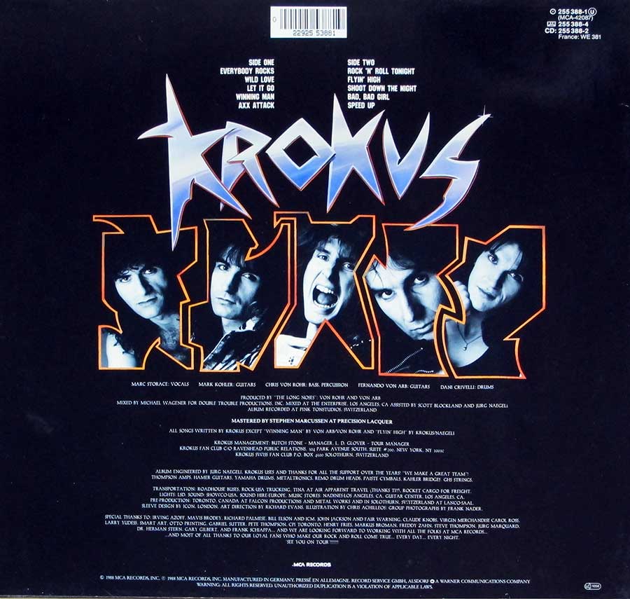 KROKUS - Heart Attack - Swiss Hard Rock, Heavy Metal 12" LP Vinyl Album back cover