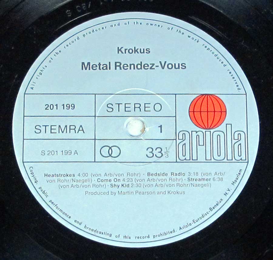 Close up of Side One record's label KROKUS - Metal Rendez-Vous Netherlands Release 12" VINYL LP ALBUM