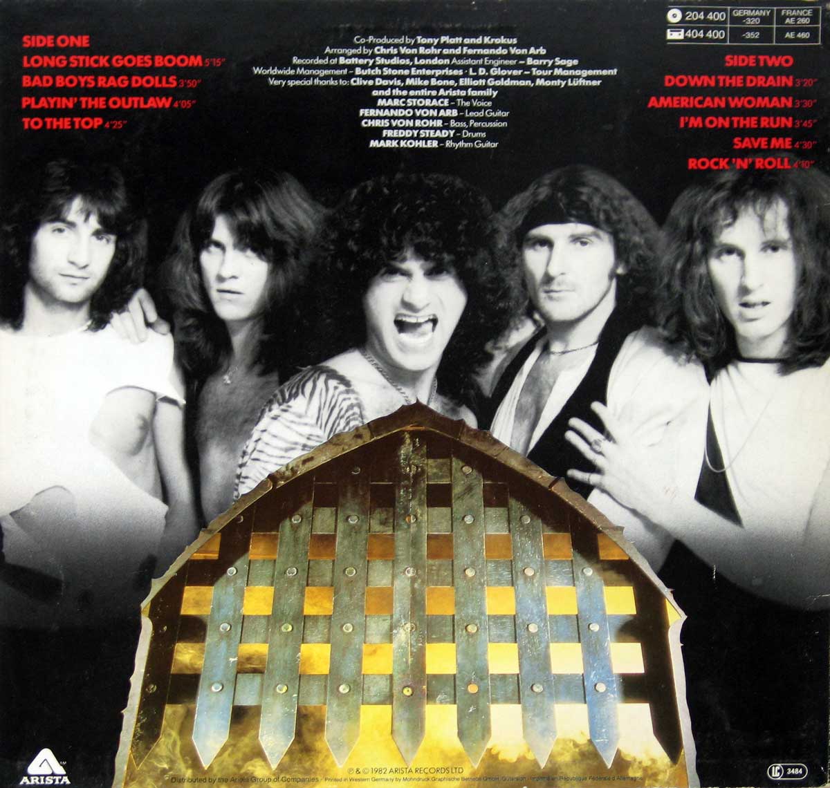 Photo of the 5 Krokus band-members on the "One Vice at a Time" Album's Back Cover   