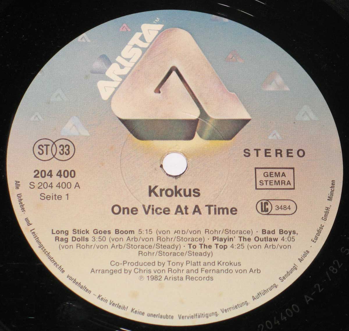 Close-up Photo of "One Vice at a Time" Arista 204 400 Record Label  