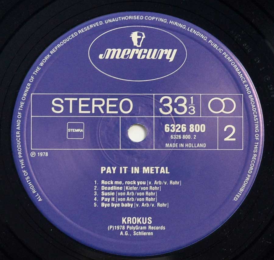 Side Two Close up of record's label KROKUS - Pay It In Metal 12" Vinyl LP Album 