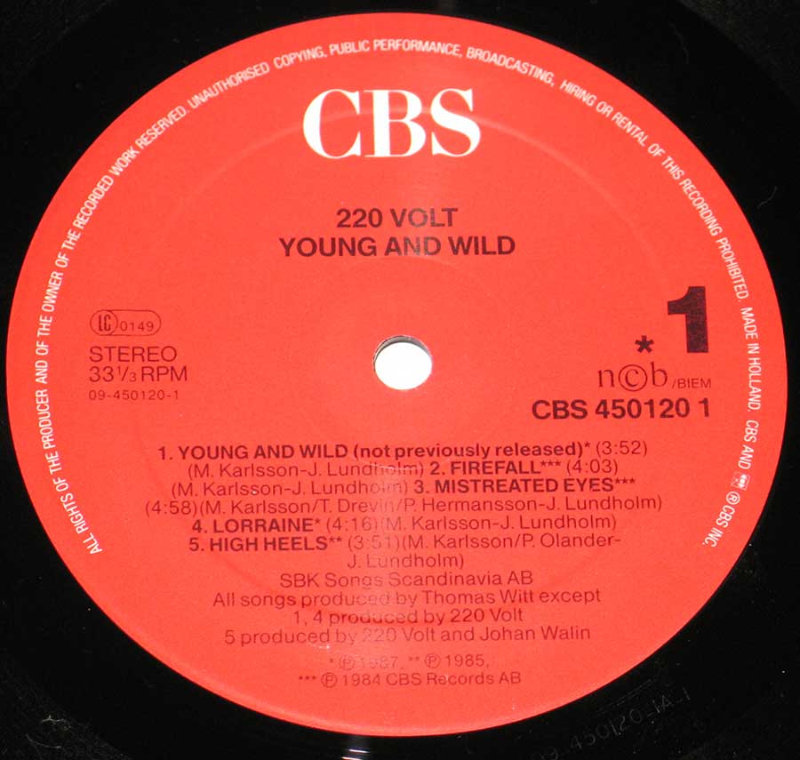 "Young and Wild" Record Label Details: Solid Red Colour CBS 450102 1 