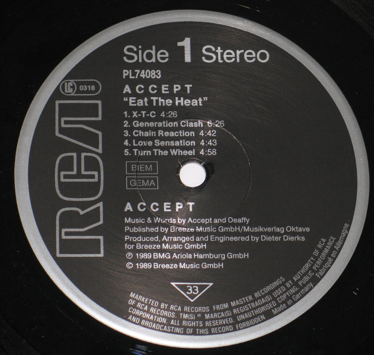 Close up of the Black and Grey "RCA" record's label with catalognr PL74083