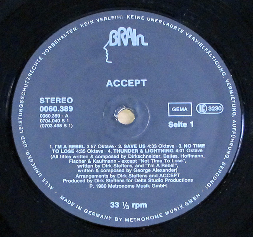 Close up of the black and grey "BRAIN" record's label with catalognr: 0060.389