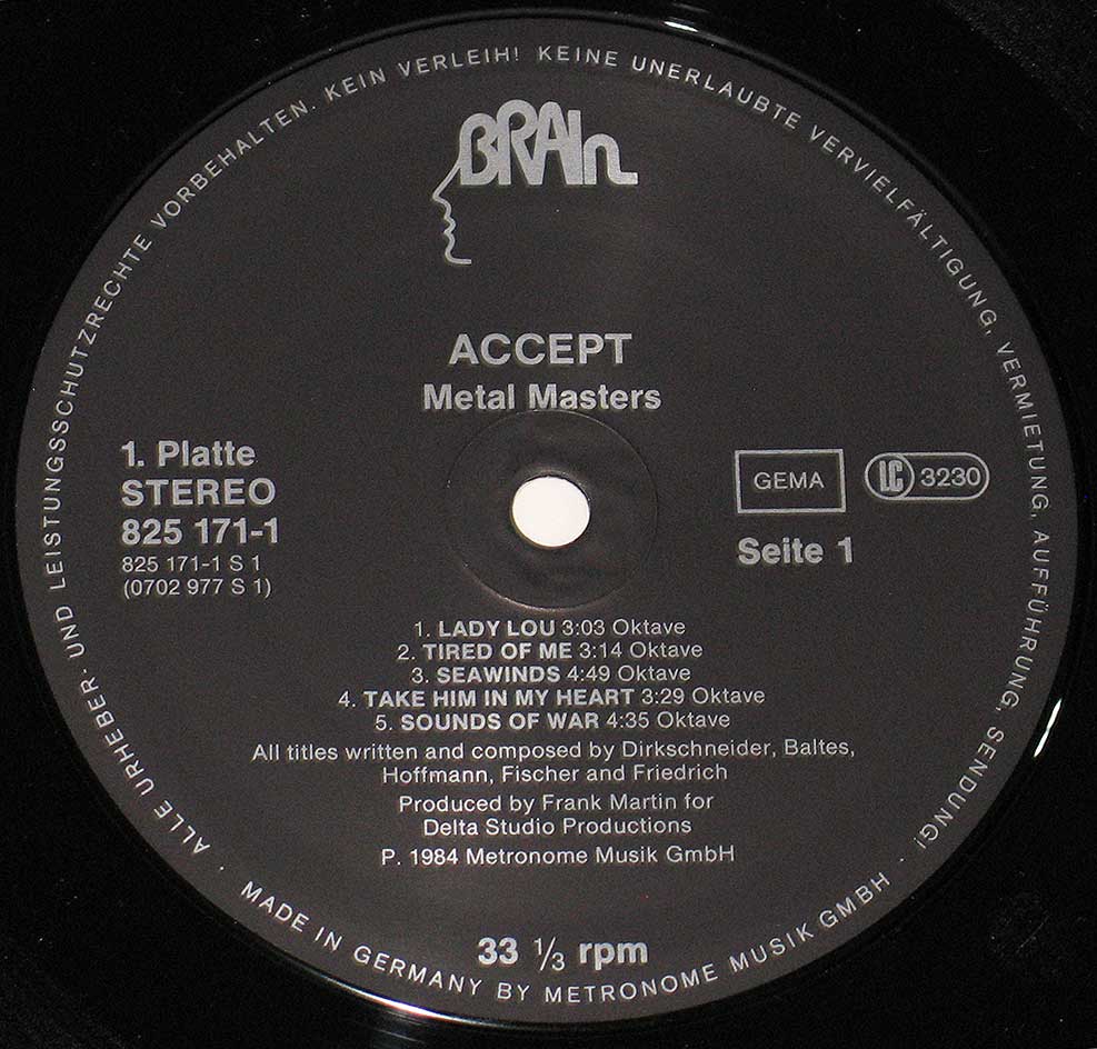 Close-up photo of the Black "BRAIN" Records Label with catalognr: 825 171-1  