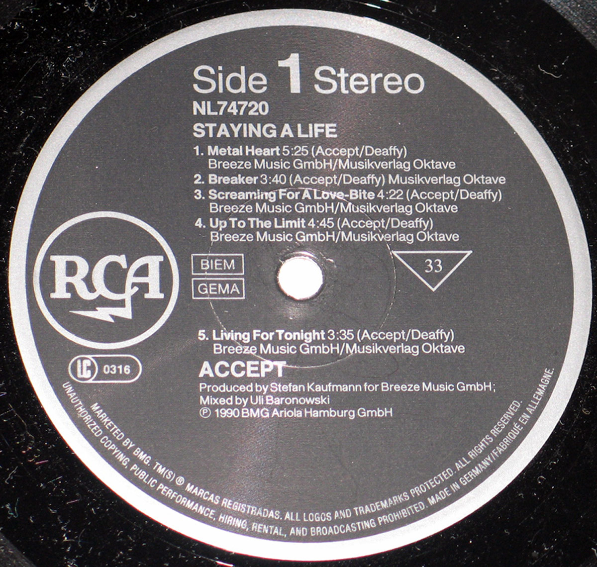 Close-up photo of the RCA Record Label with catalognr NL74720 of "Staying A Life"   Close-up photo of the RCA Record Label with catalognr NL74720 of "Staying A Life"   