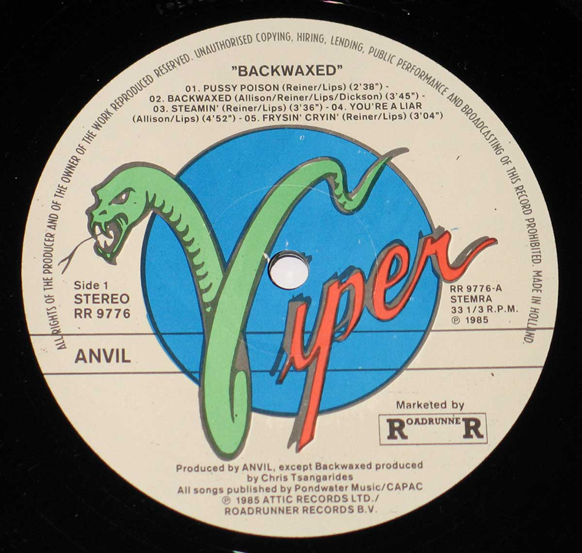 Enlarged High Resolution Photo of the Record's label ANVIL - Backwaxed https://vinyl-records.nl