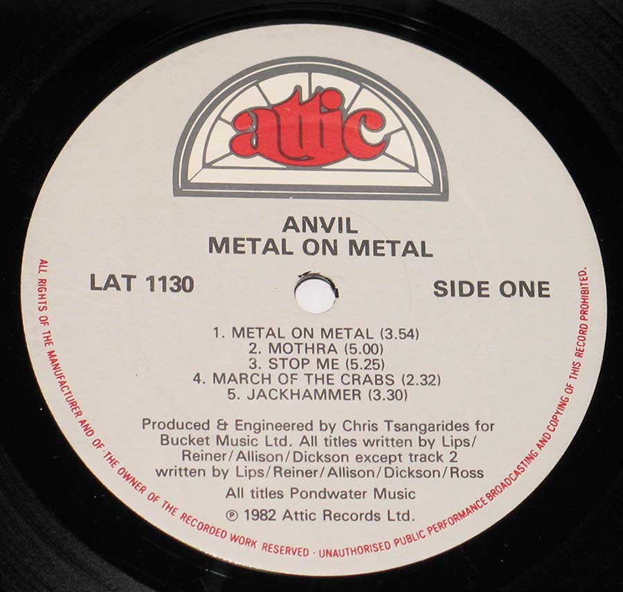 "Metal On Metl" Record Label Details: ATTIC Records LAT 1130 ℗ 1982 Attic Records Ltd Sound Copyright 