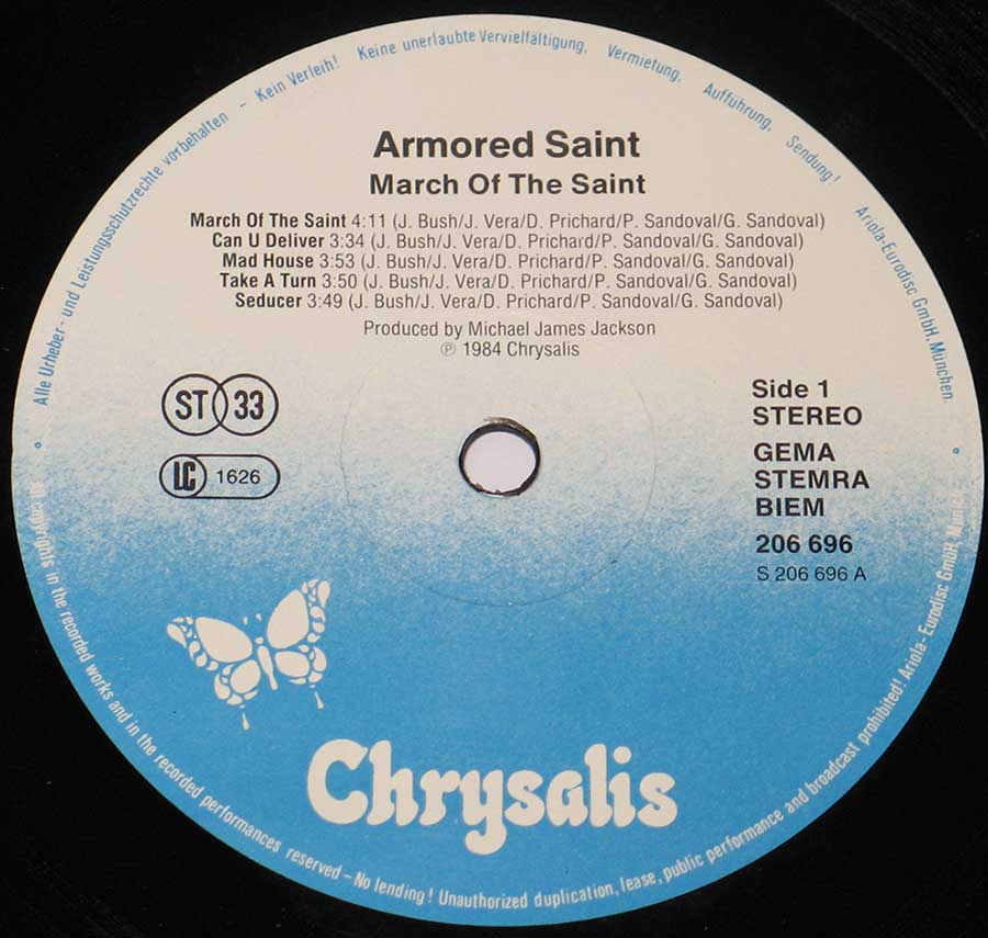Close-up Photo of "March Of The Saint" Record Label  