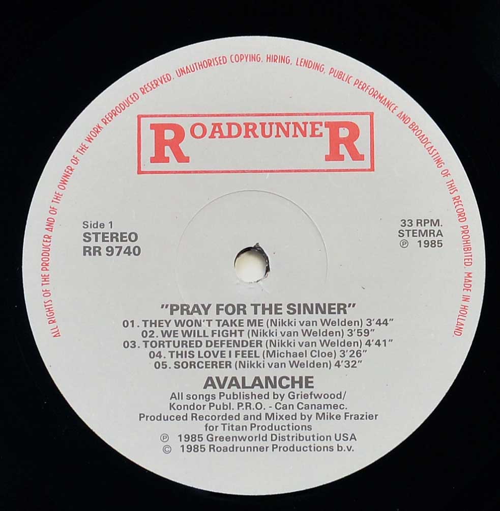 Photo of record label of AVALANCHE - Pray for the Sinner RoadrunneR 