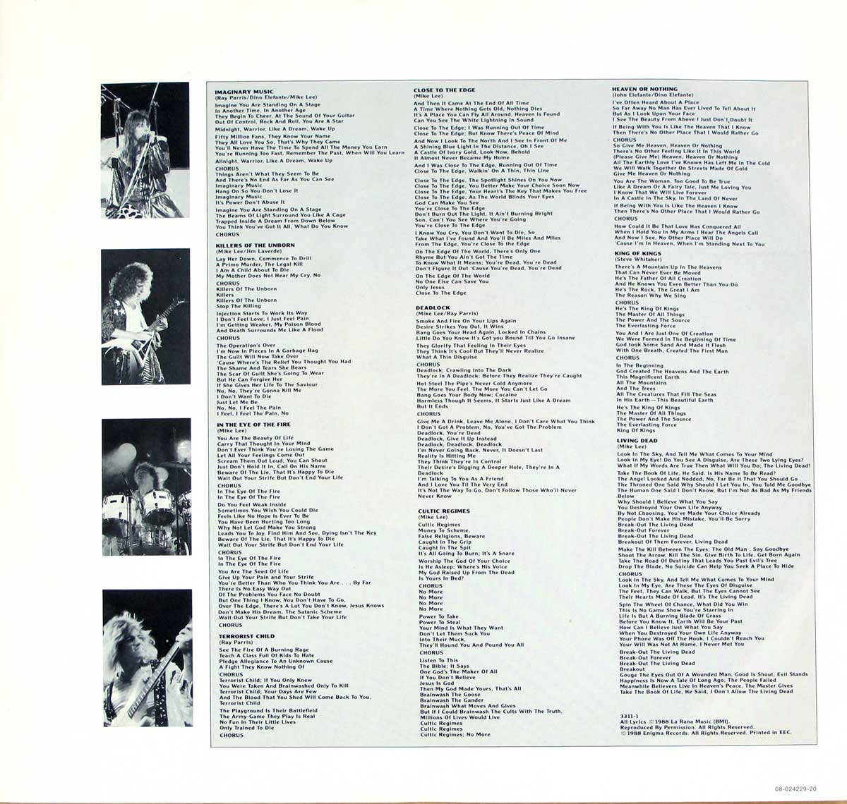 Photo of lyrics printed on the "BARREN CROSS - Atomic Arena " Album's Inner Sleeve  