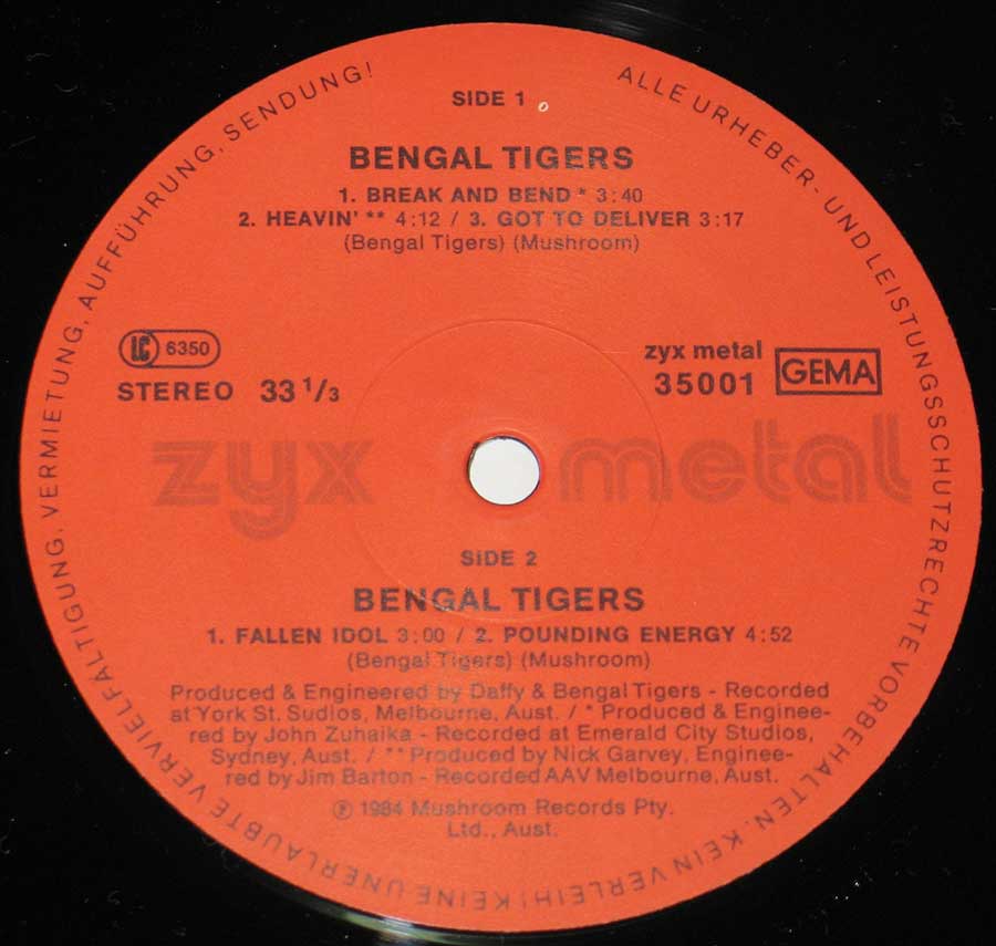 Side Two Close up of record's label BENGAL TIGERS - Metal Fetish ZYX Metal Mushroom Records 12" vinyl LP Album