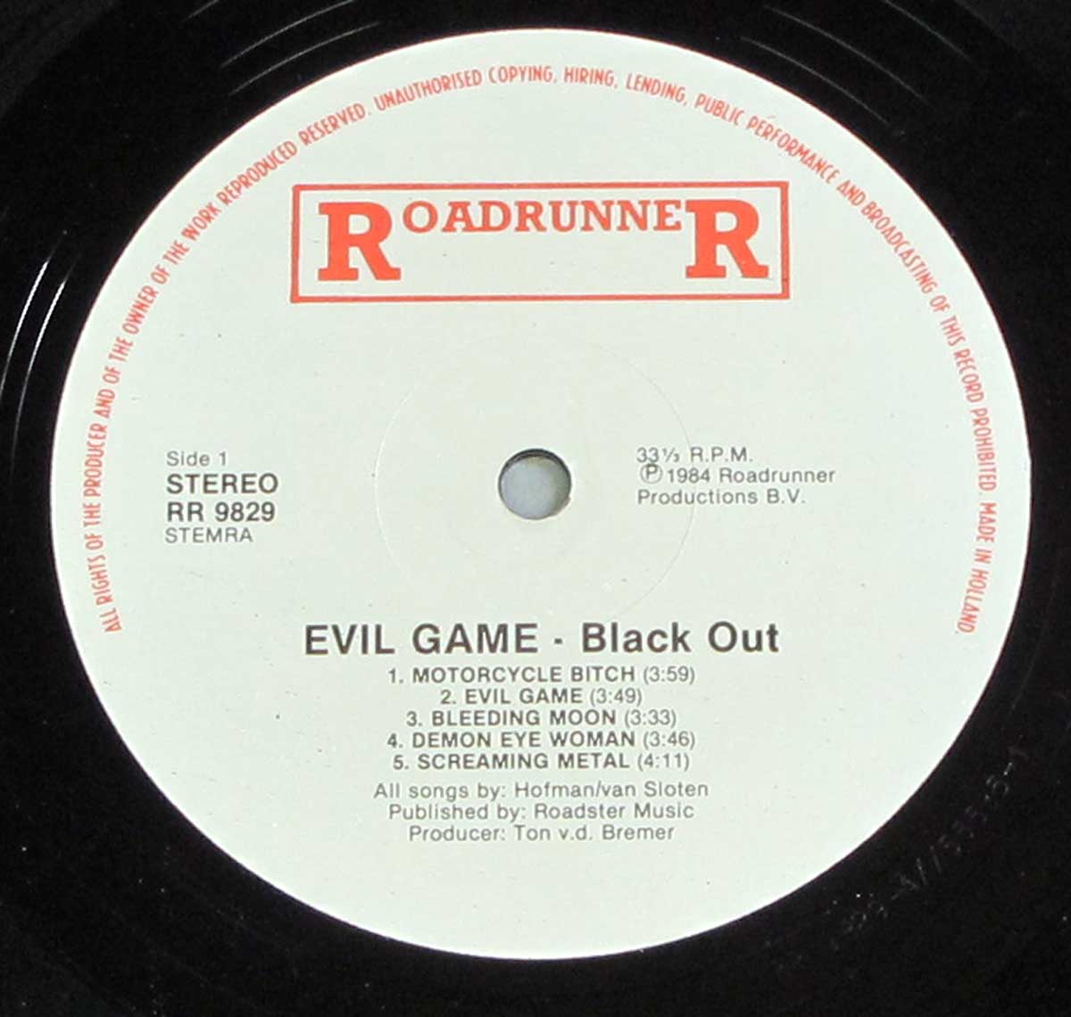 Enlarged High Resolution Photo of the Record's label BLACK OUT - Evil Game https://vinyl-records.nl