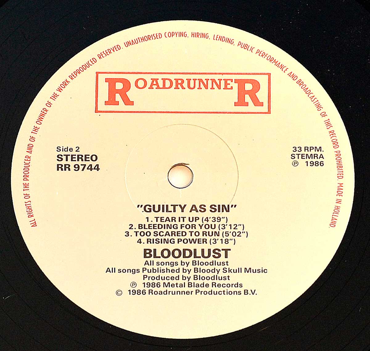 Enlarged High Resolution Photo of the Record's label BLOODLUST - Guilty as Sin https://vinyl-records.nl
