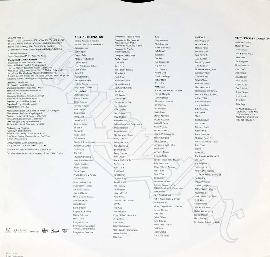 BRITNY FOX - S/T Self-Titled 12" LP VINYL Album custom inner sleeve