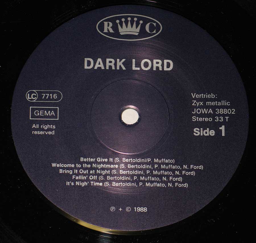 Close up of record's label DARK LORD - It's Nigh' Time 12" LP Vinyl Album Side One