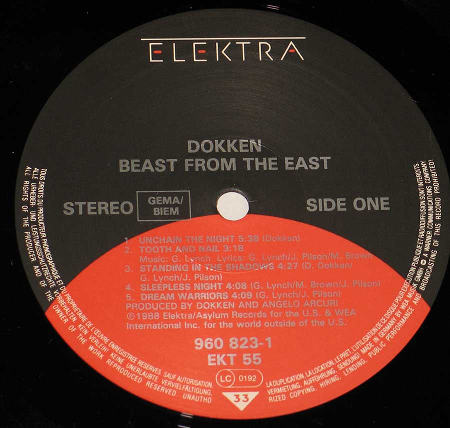 Close up of record's label DOKKEN - Beast from the East 12" Vinyl LP Album Side One