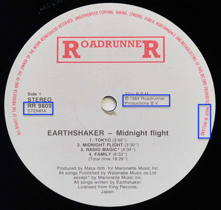 Enlarged & Zoomed photo of "EARTHSHAKER - Midnight Flight" Record's Label