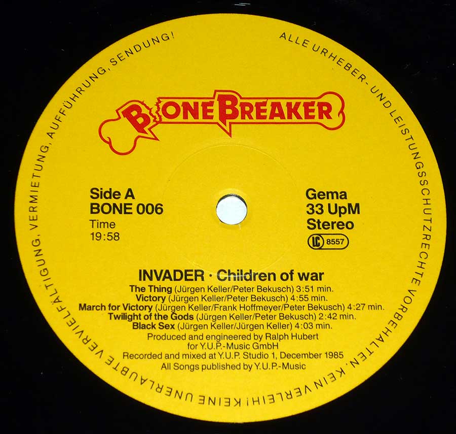 Close up of record's label INVADER - Children Of War 12" Vinyl LP Album Side One