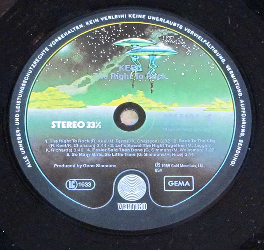 Close up of Side One record's label "The Right To Rock German Release" Record Label Details: Gold Mountain Ltd, USA , Vertigo 824 549-1Q Album