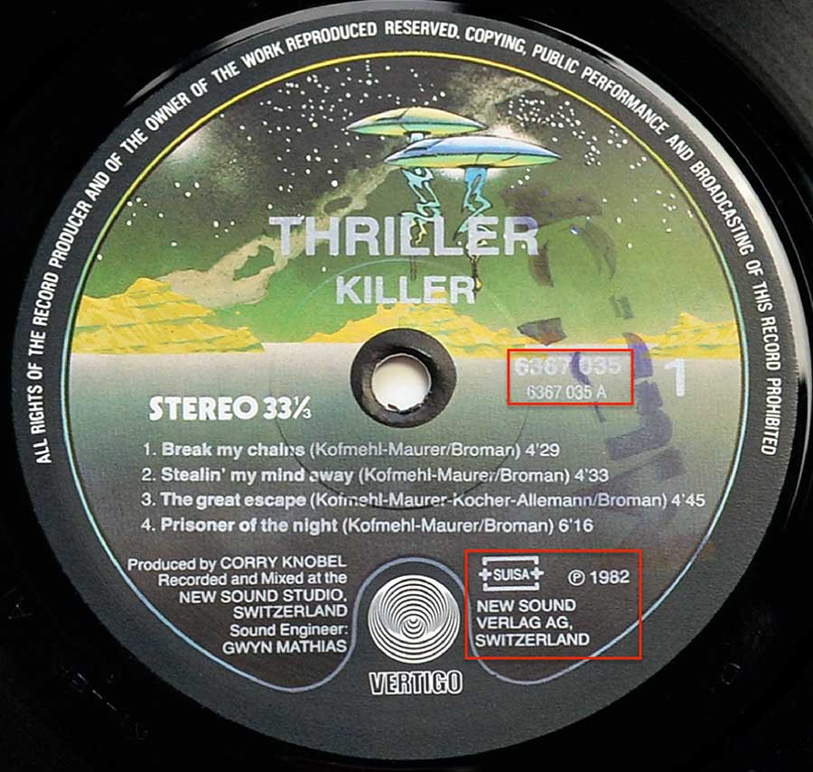 Close up of record's label KILLER - Thriller - Swiss Heavy Metal 12" Vinyl LP Album Side One