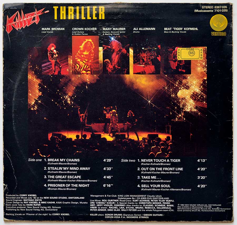 Photo of album back cover KILLER - Thriller - Swiss Heavy Metal 12" Vinyl LP Album