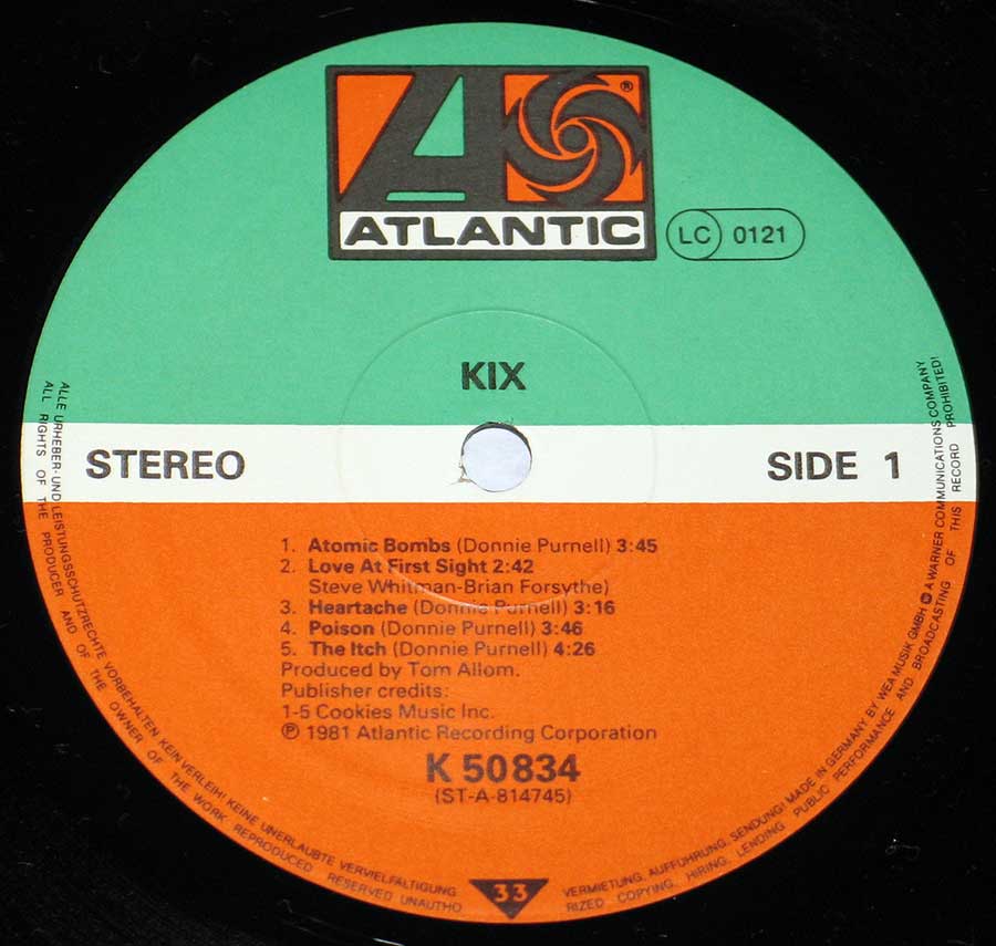 "KIX" Green, White and Orange Colour Atlantic Record Label Details: Atlantic K 50834 , LC 0121