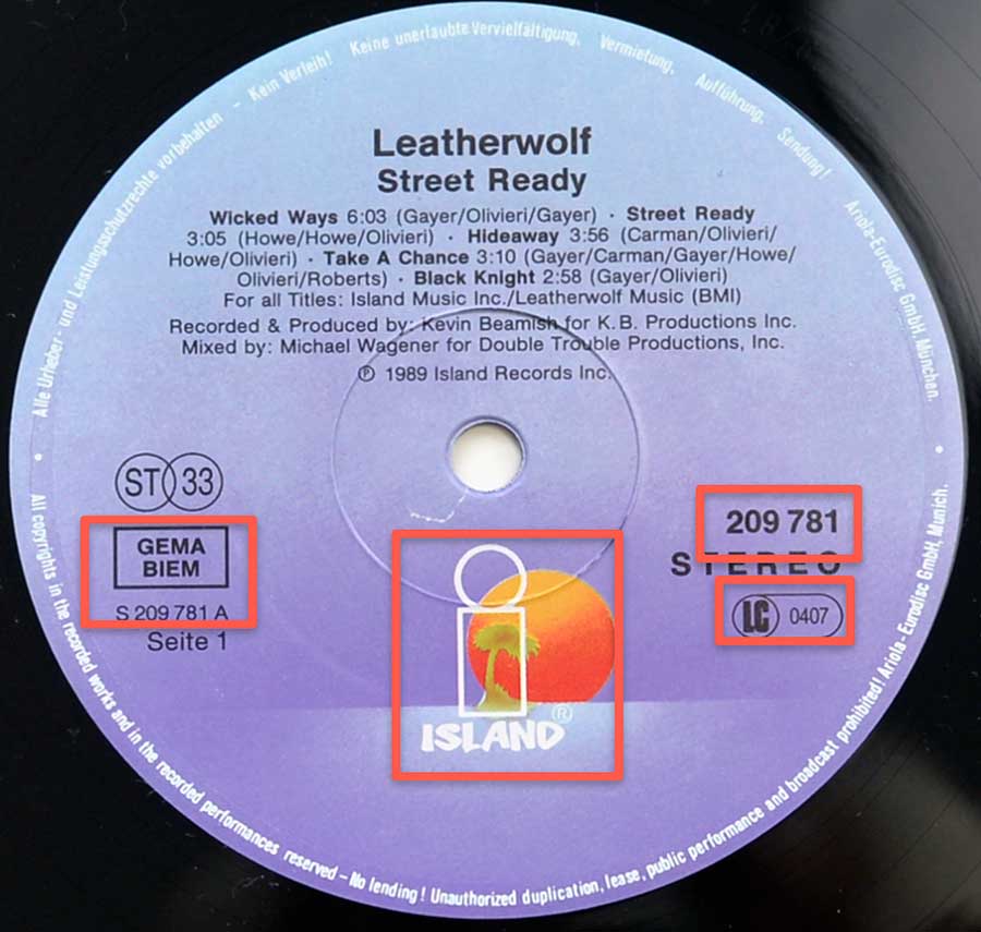 Close up of record's label LEATHERWOLF - Street Ready 12" Vinyl LP Album Side One