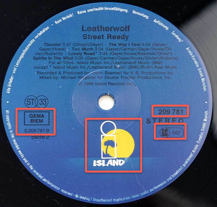 Close up of record's label LEATHERWOLF - Street Ready 12" Vinyl LP Album Side Two