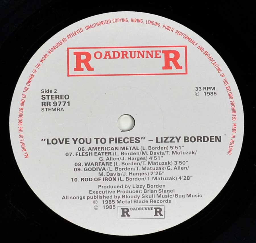 Side Two Close up of record's label LIZZY BORDEN - Love You To Pieces 12" Vinyl LP Album