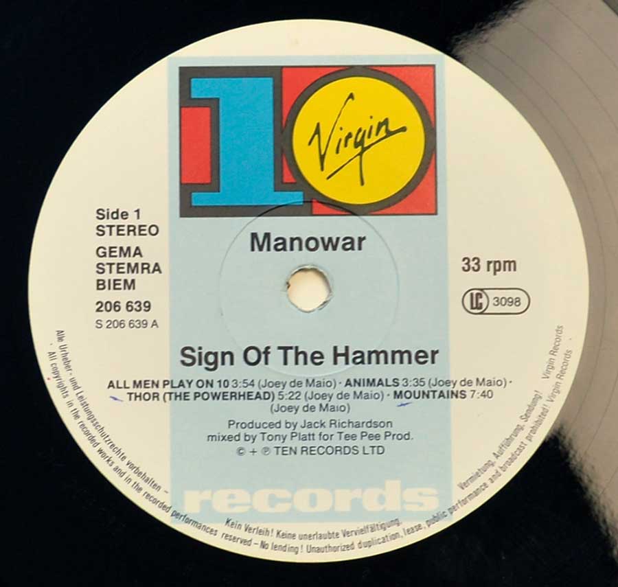 Photo of Side One of MANOWAR - Sign Of The Hammer 12" Vinyl LP Album 