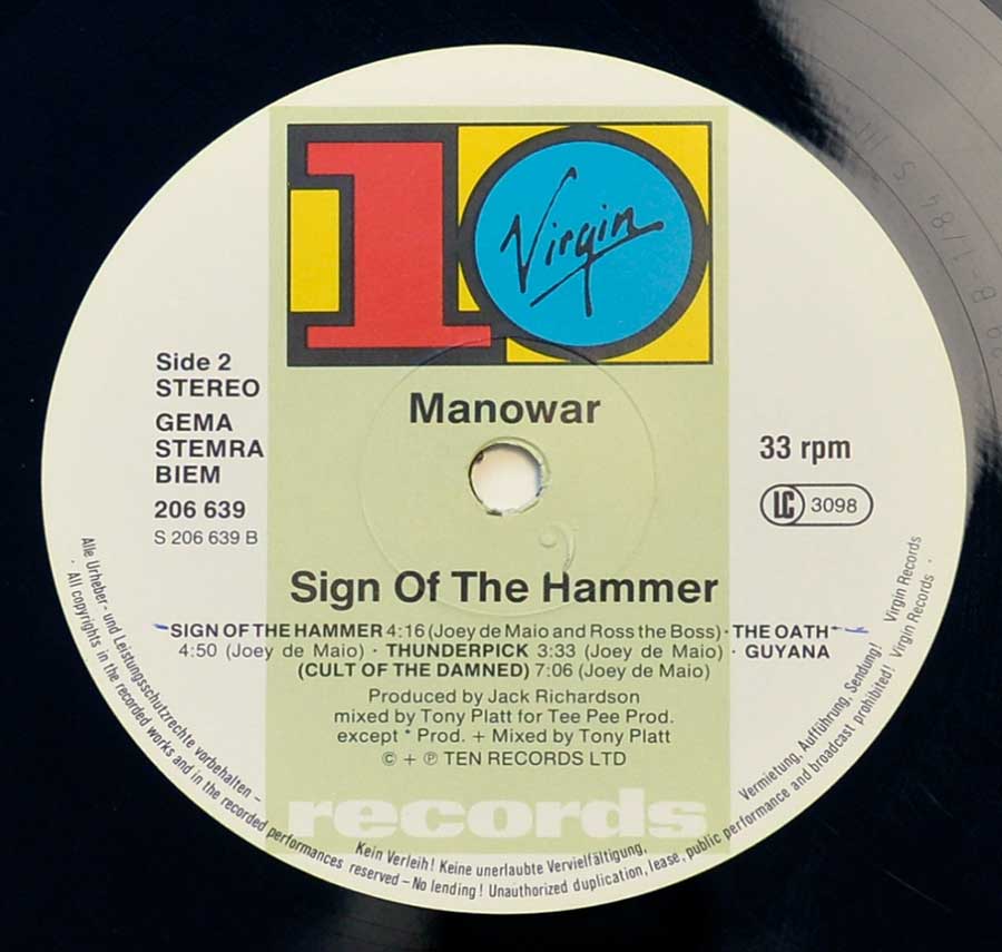 Photo of Side Two of MANOWAR - Sign Of The Hammer 12" Vinyl LP Album 