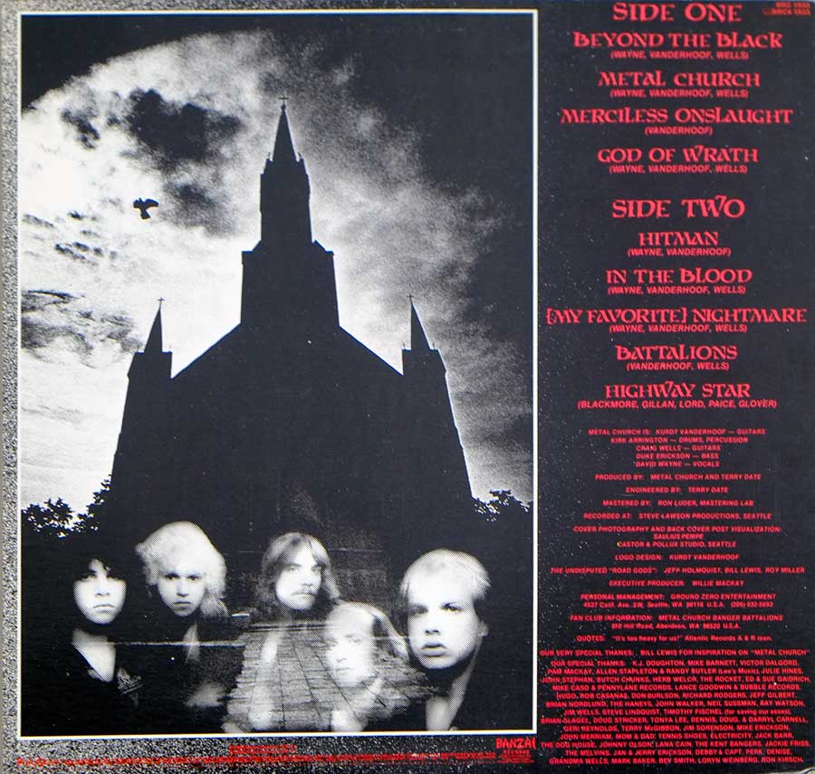 METAL CHURCH - Self-Titled Canada Banzai Records Debut Album  12" Vinyl LP Album back cover